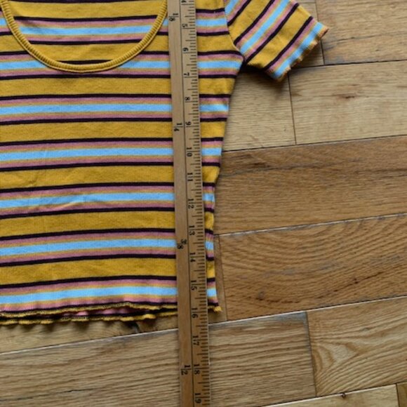 Zara Trafaluc Ribbed Striped Crop Top | Mustard Yellow Retro Tee | Size S - Picture 4 of 7